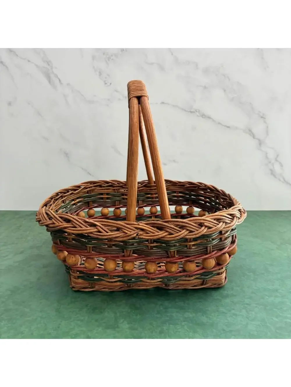 Vintage Woven Wicker Gathering Basket Wood Bead Trim Bentwood Handle Cottage